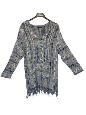 Michael Lauren Womens Hoodie Woven Aztec pattern fringed hem XS/S Blue Gray  USA